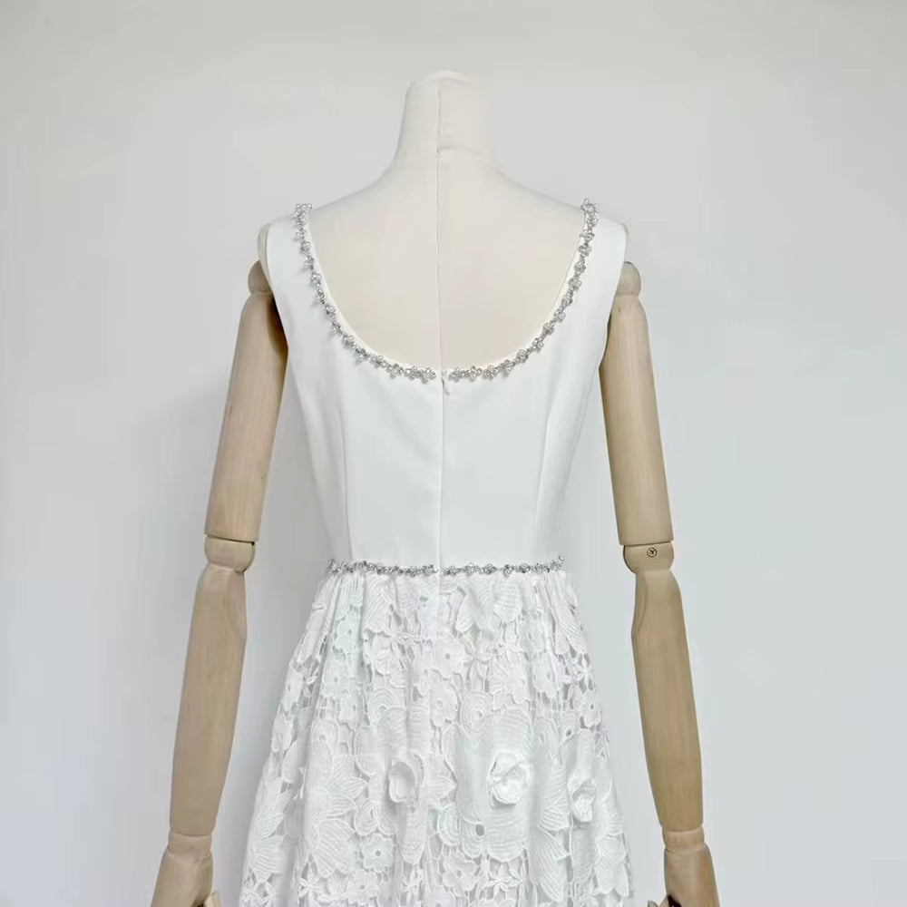 Casual Solid Square Neck Sleeveless Patchwork Applique Midi Dress