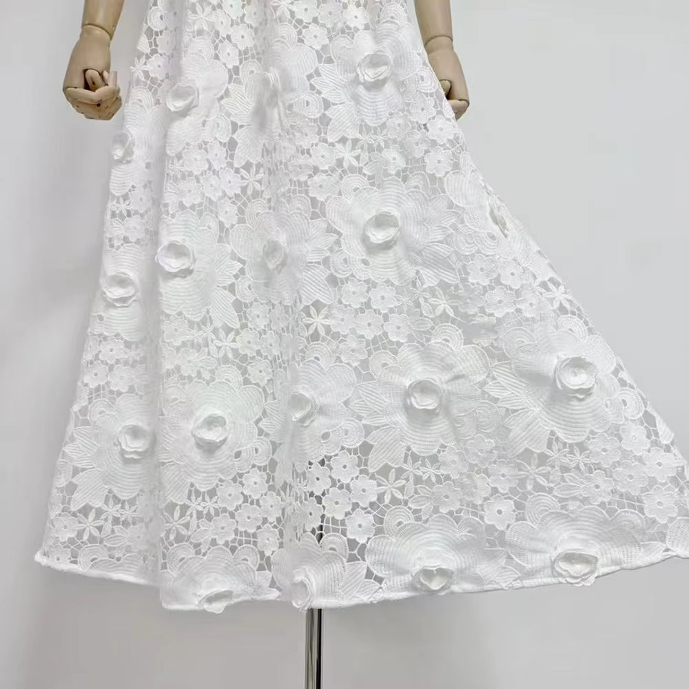 Casual Solid Square Neck Sleeveless Patchwork Applique Midi Dress