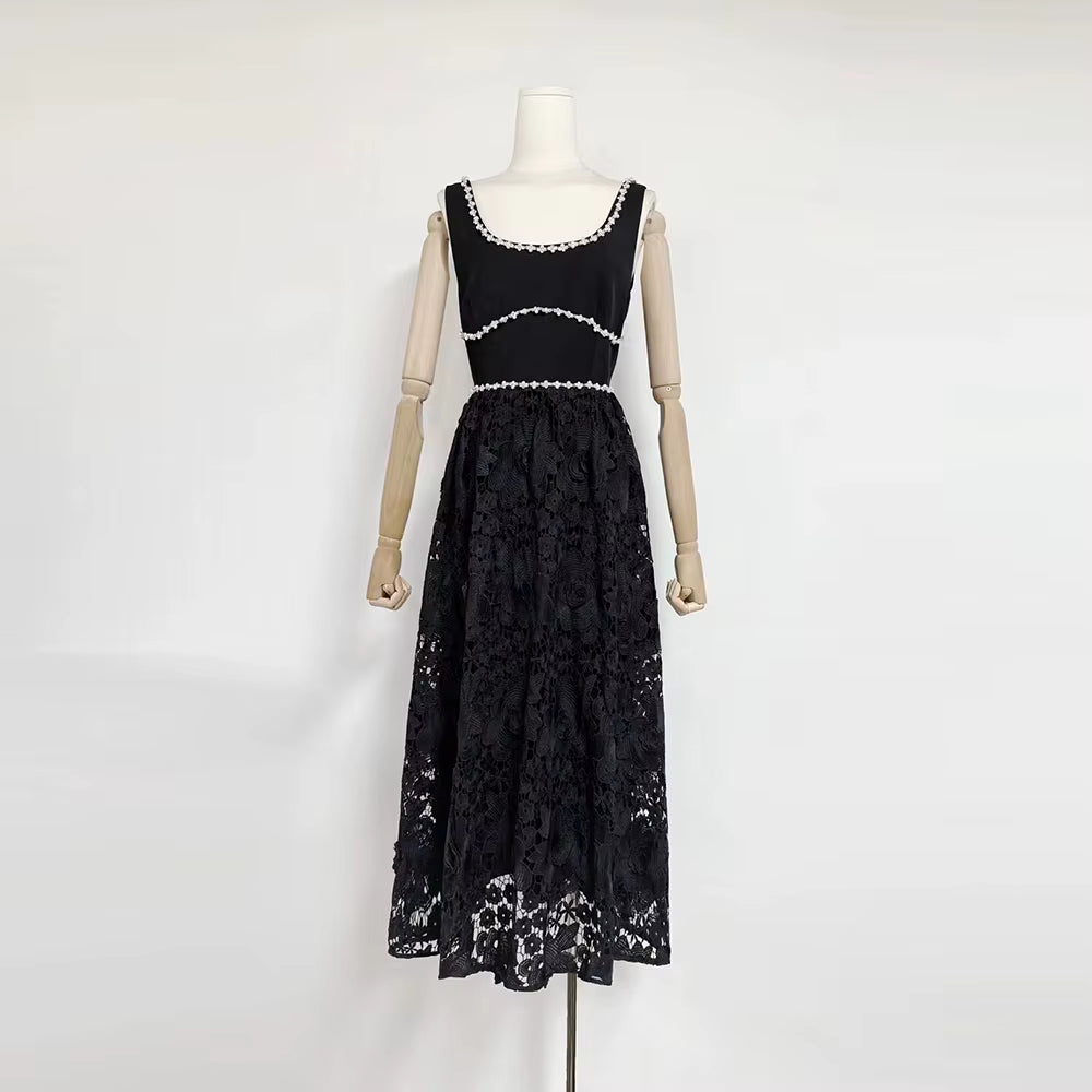 Casual Solid Square Neck Sleeveless Patchwork Applique Midi Dress