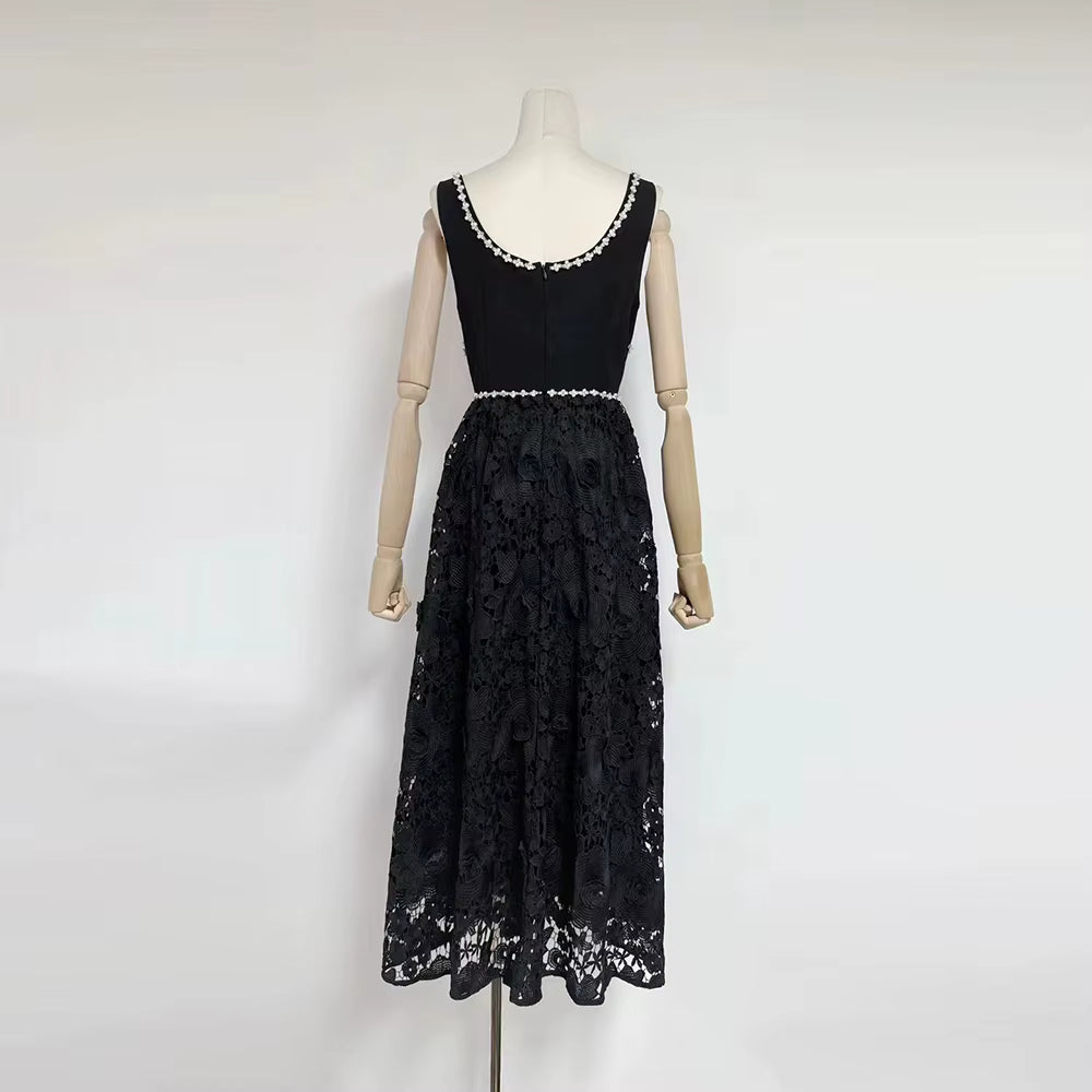 Casual Solid Square Neck Sleeveless Patchwork Applique Midi Dress