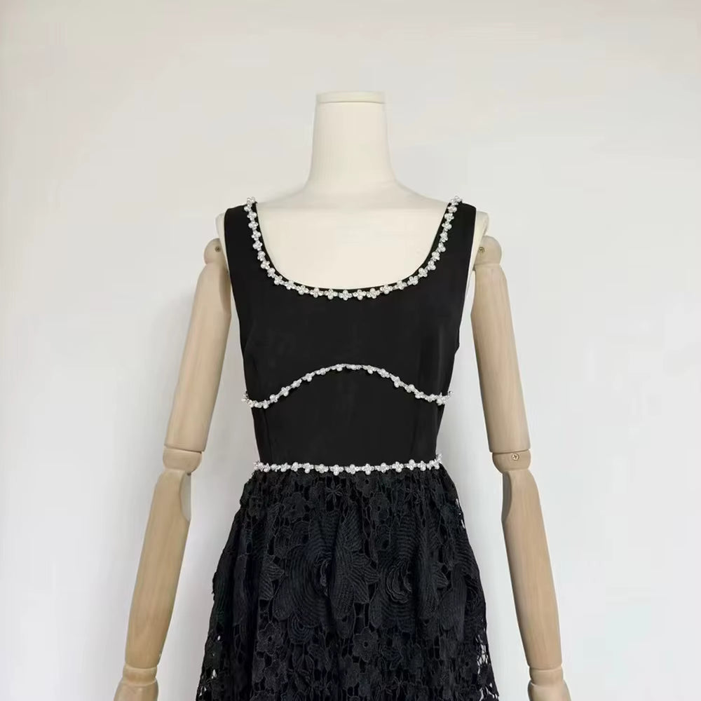 Casual Solid Square Neck Sleeveless Patchwork Applique Midi Dress