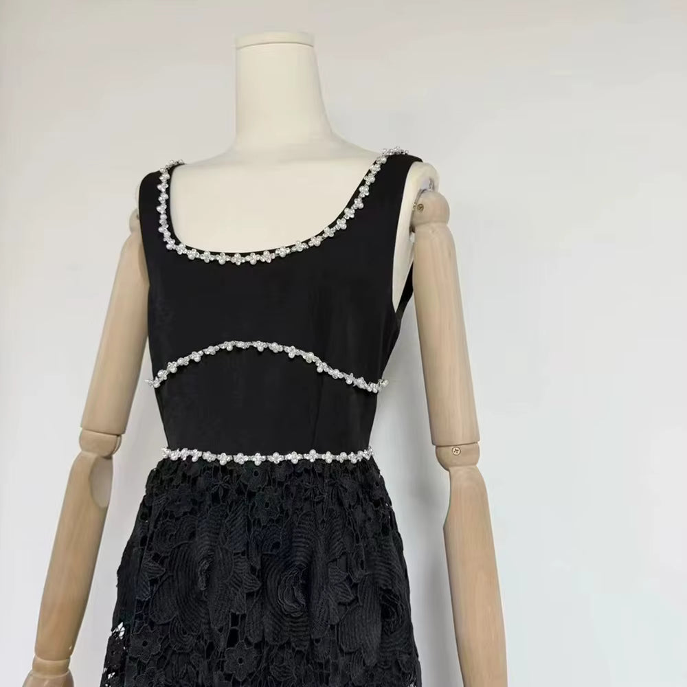 Casual Solid Square Neck Sleeveless Patchwork Applique Midi Dress