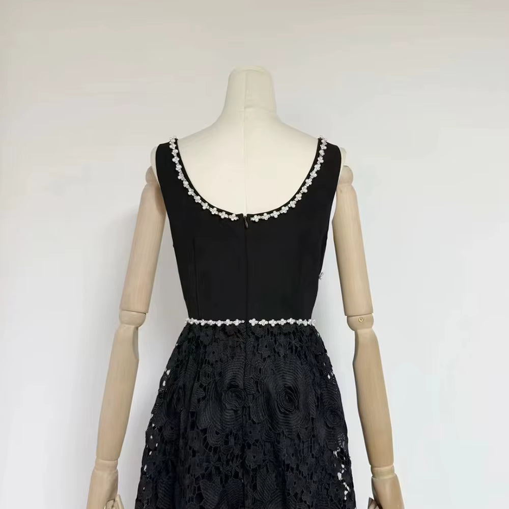 Casual Solid Square Neck Sleeveless Patchwork Applique Midi Dress