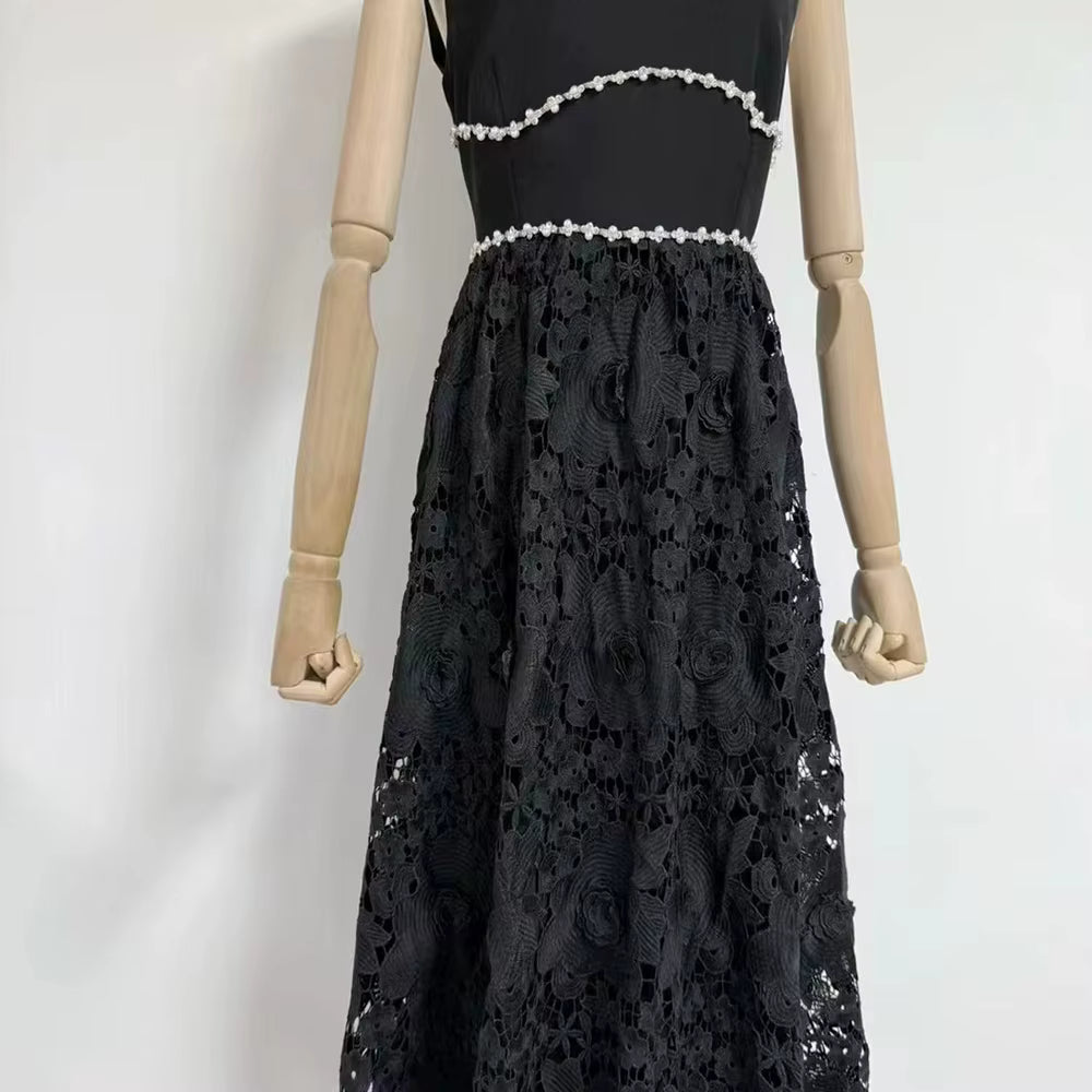 Casual Solid Square Neck Sleeveless Patchwork Applique Midi Dress
