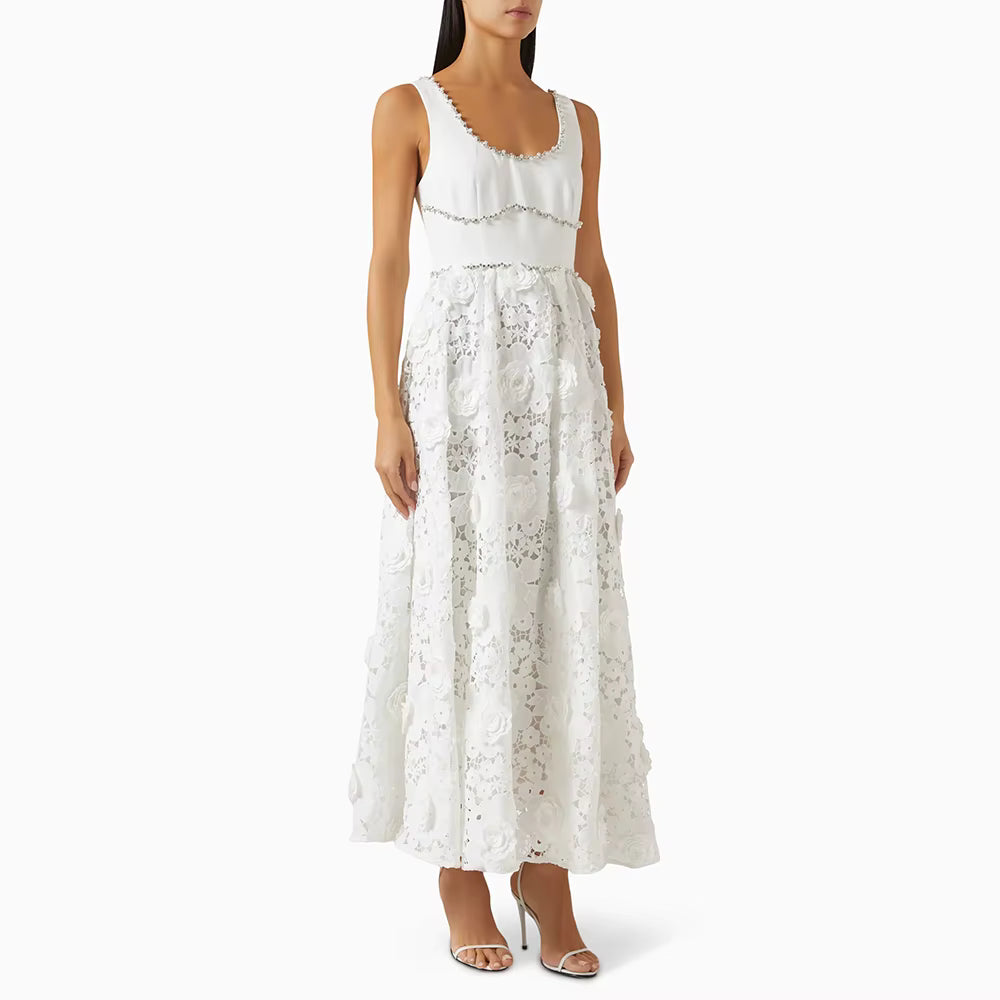 Casual Solid Square Neck Sleeveless Patchwork Applique Midi Dress