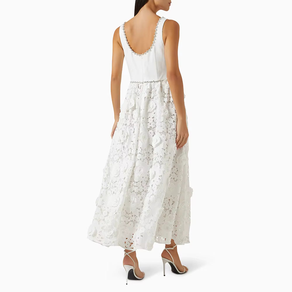 Casual Solid Square Neck Sleeveless Patchwork Applique Midi Dress