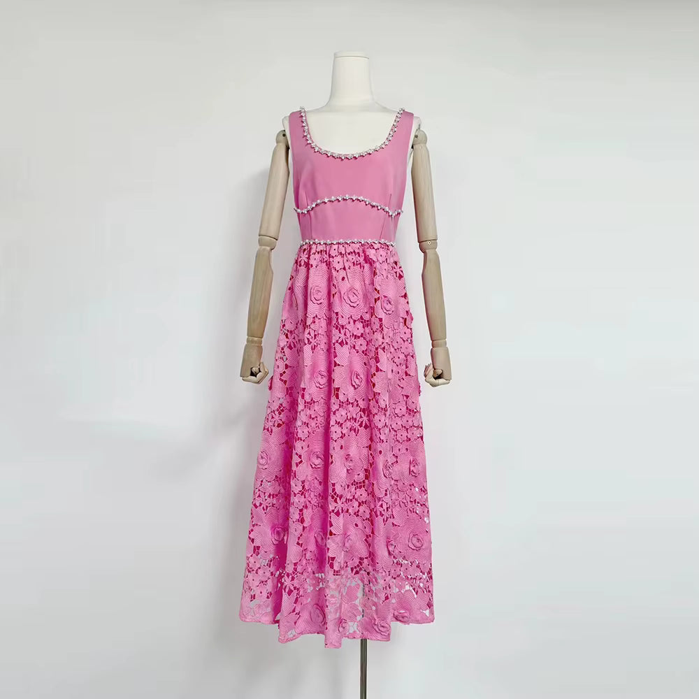 Casual Solid Square Neck Sleeveless Patchwork Applique Midi Dress