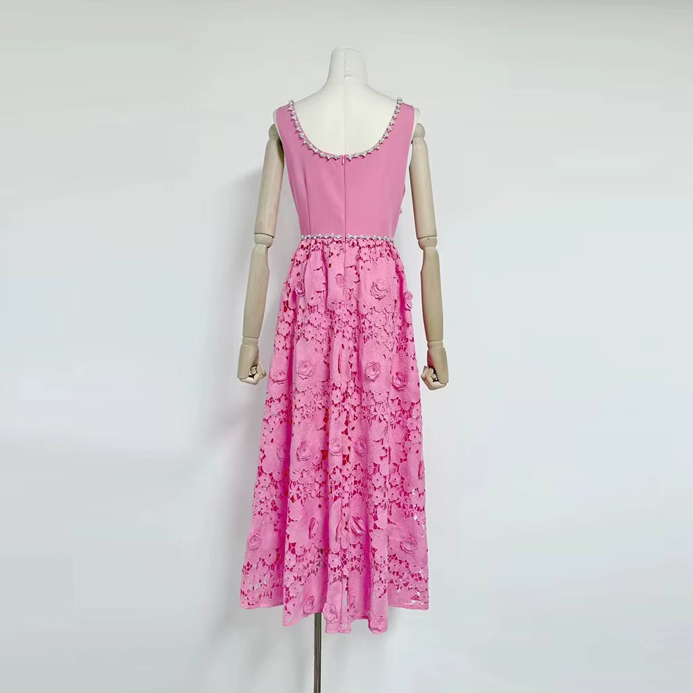 Casual Solid Square Neck Sleeveless Patchwork Applique Midi Dress