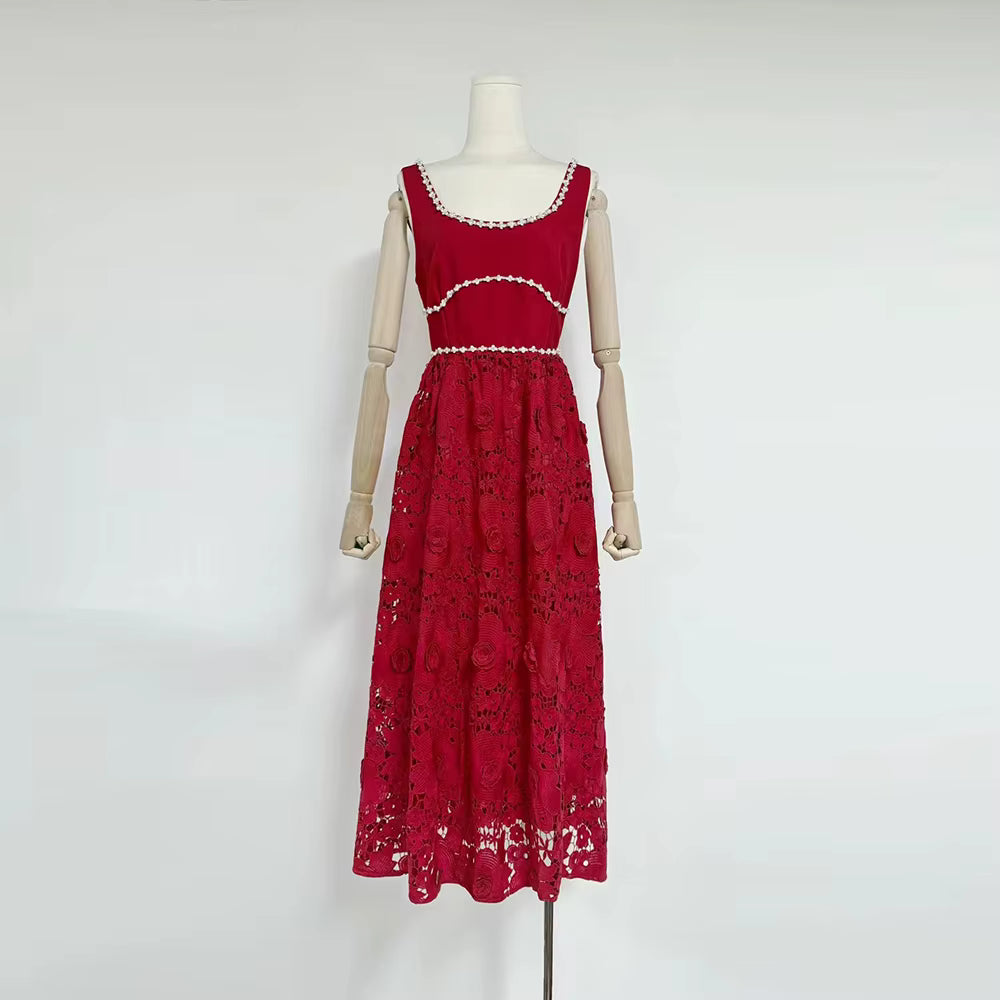 Casual Solid Square Neck Sleeveless Patchwork Applique Midi Dress