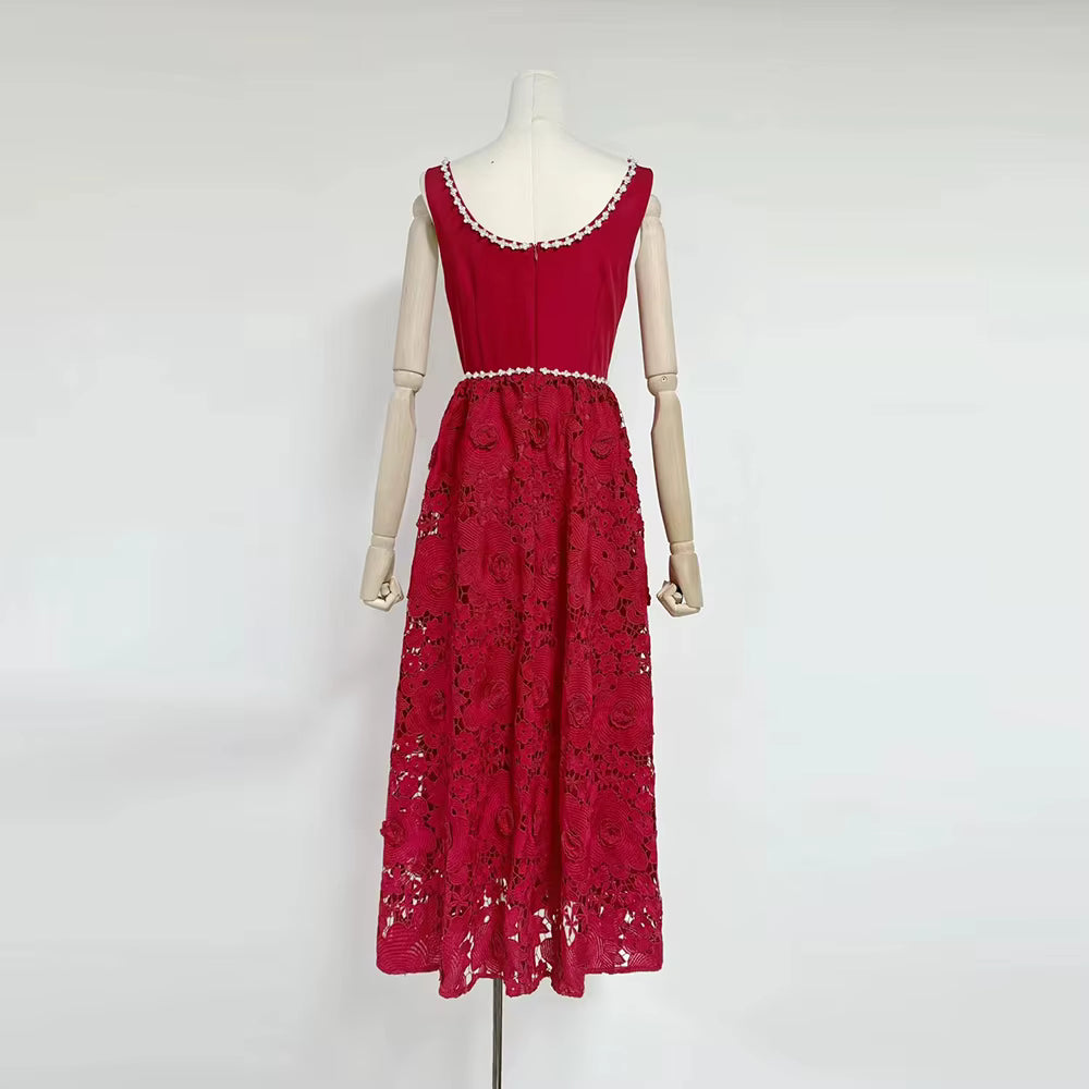 Casual Solid Square Neck Sleeveless Patchwork Applique Midi Dress