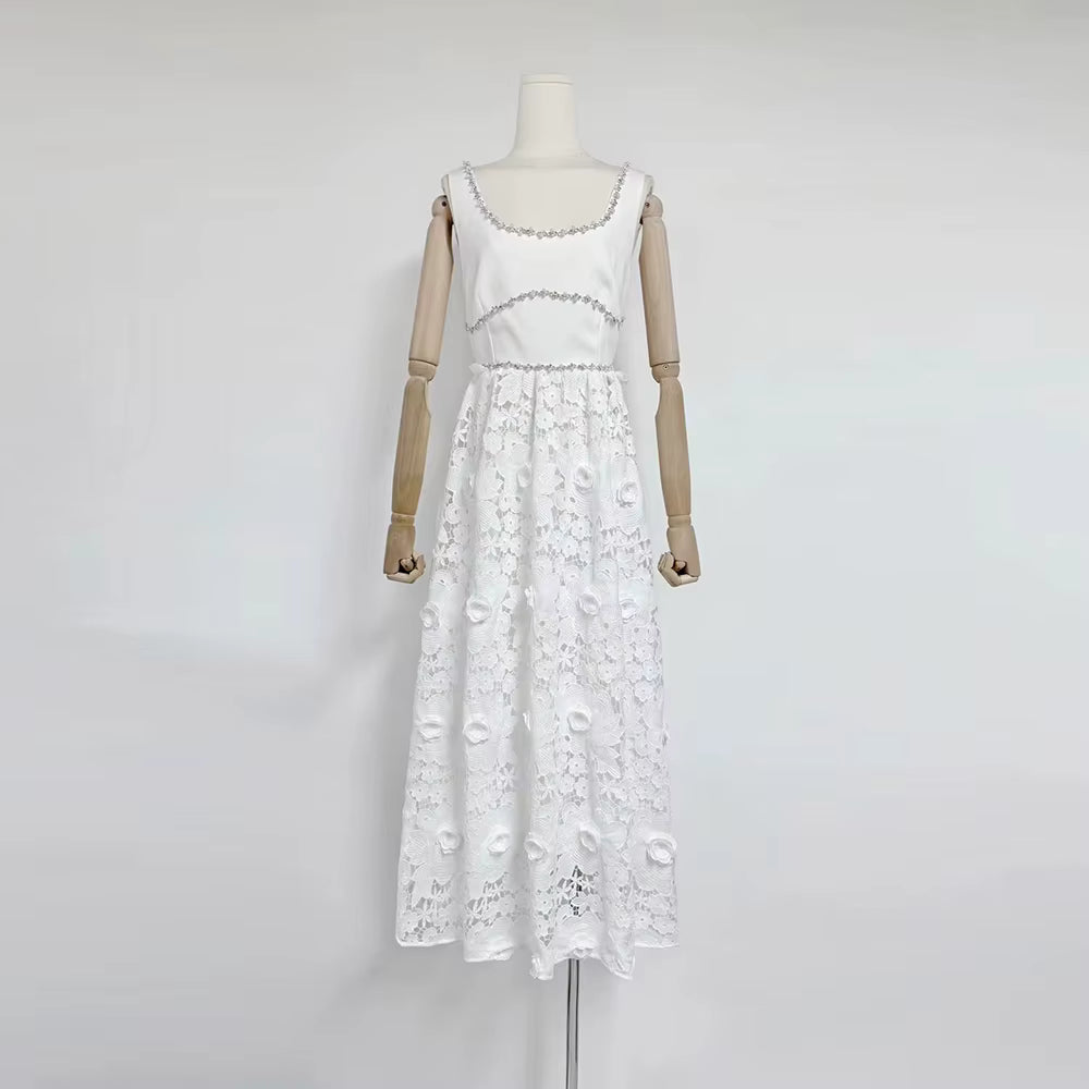 Casual Solid Square Neck Sleeveless Patchwork Applique Midi Dress