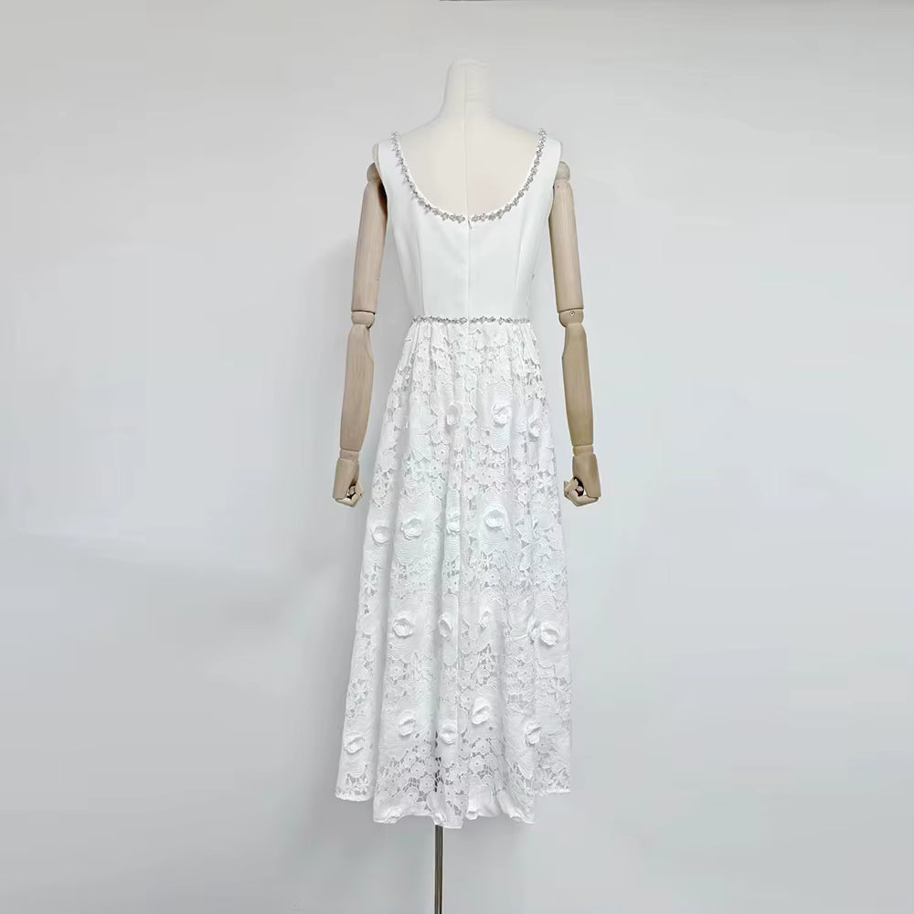 Casual Solid Square Neck Sleeveless Patchwork Applique Midi Dress