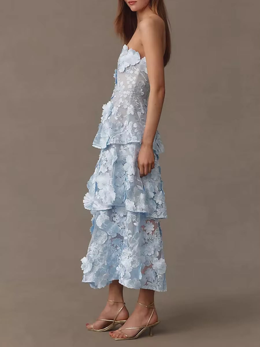 Casual Solid Strapless Sleeveless Patchwork Applique Ruffles Midi Dresses