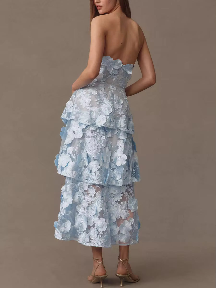 Casual Solid Strapless Sleeveless Patchwork Applique Ruffles Midi Dresses