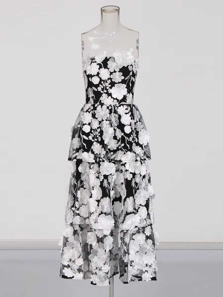 Casual Solid Strapless Sleeveless Patchwork Applique Ruffles Midi Dresses