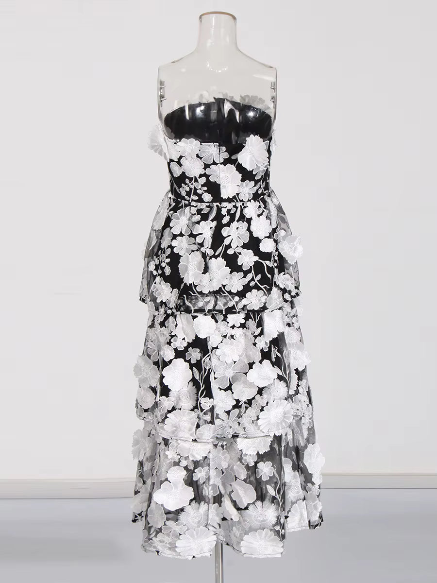 Casual Solid Strapless Sleeveless Patchwork Applique Ruffles Midi Dresses