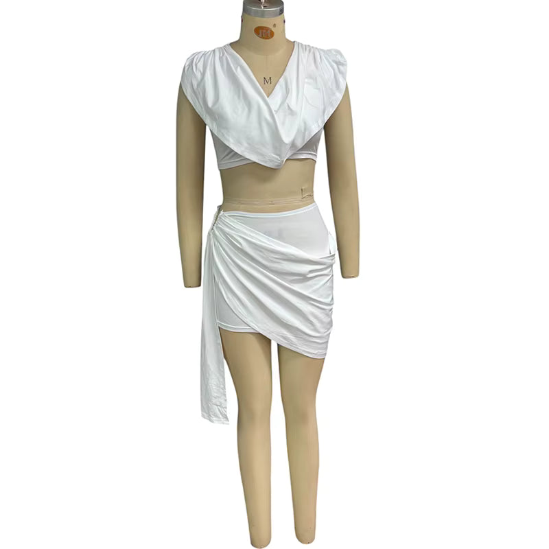 Casual Solid V-Neck High Waist Tank Top A Line Irregular Pleated Mini Skirt 2 Piece Set