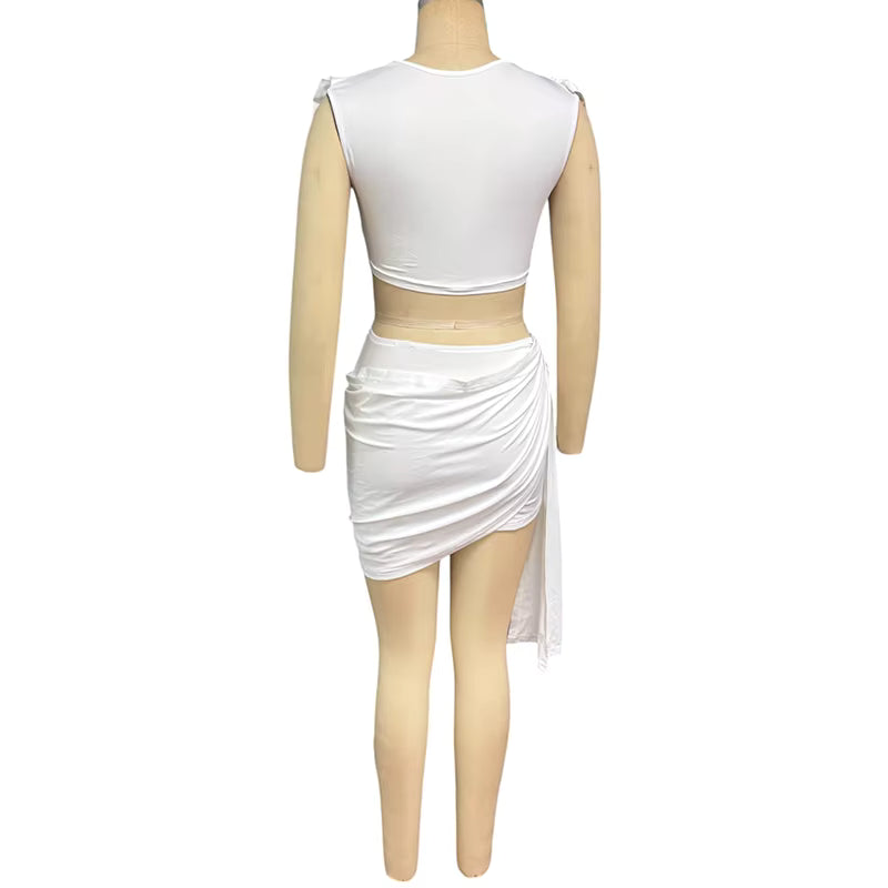 Casual Solid V-Neck High Waist Tank Top A Line Irregular Pleated Mini Skirt 2 Piece Set