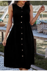 Casual Solid sleeveless O-neck high waist button dress