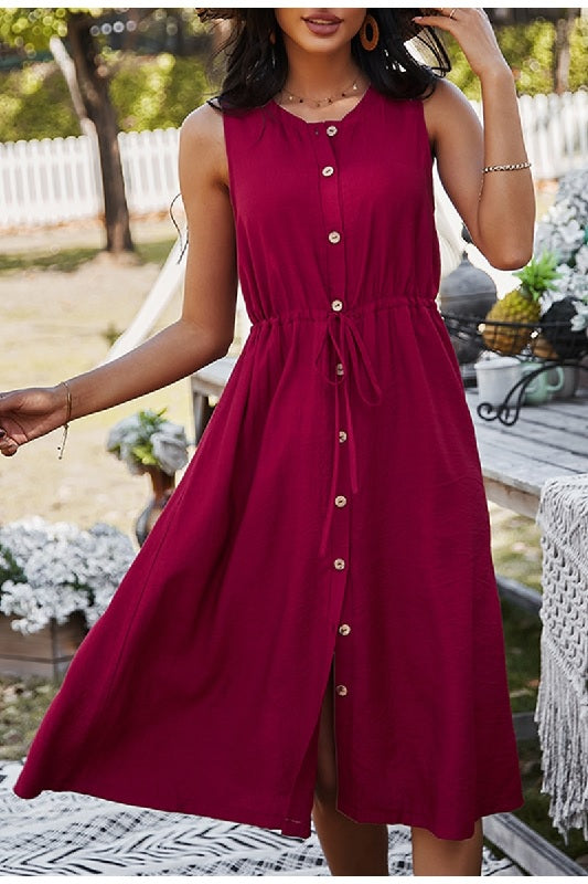 Casual Solid sleeveless O-neck high waist button dress