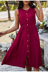 Casual Solid sleeveless O-neck high waist button dress