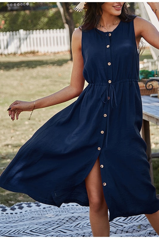Casual Solid sleeveless O-neck high waist button dress