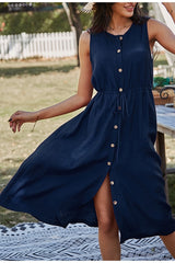 Casual Solid sleeveless O-neck high waist button dress