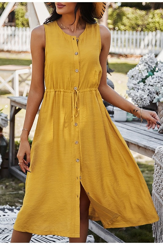 Casual Solid sleeveless O-neck high waist button dress