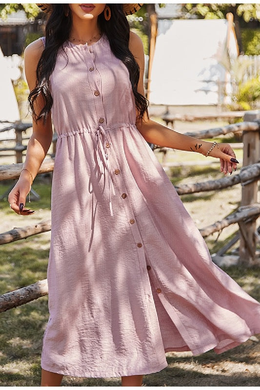 Casual Solid sleeveless O-neck high waist button dress