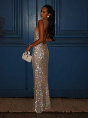 Casual Spaghetti Strap Backless Square Collar Mesh Rhinestone Patchwork Diamonds Long Maxi Dress