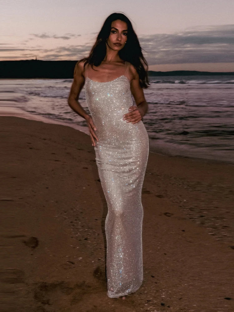Casual Spaghetti Strap Backless Square Collar Mesh Rhinestone Patchwork Diamonds Long Maxi Dress