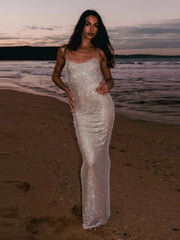 Casual Spaghetti Strap Backless Square Collar Mesh Rhinestone Patchwork Diamonds Long Maxi Dress