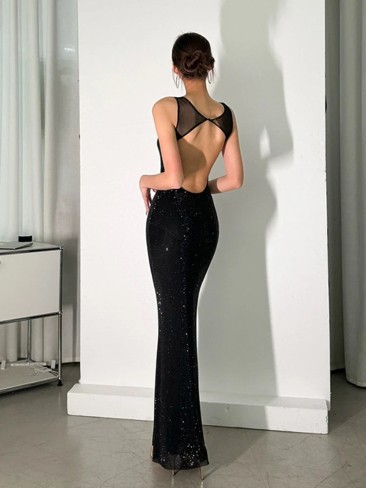Casual Spaghetti Strap Backless Square Collar Mesh Rhinestone Patchwork Diamonds Long Maxi Dress