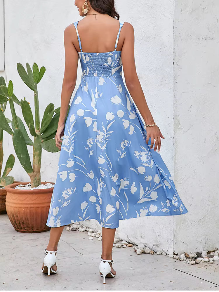 Casual Spaghetti Strap Double Layer Print Sleeveless V-neck Midi Dress
