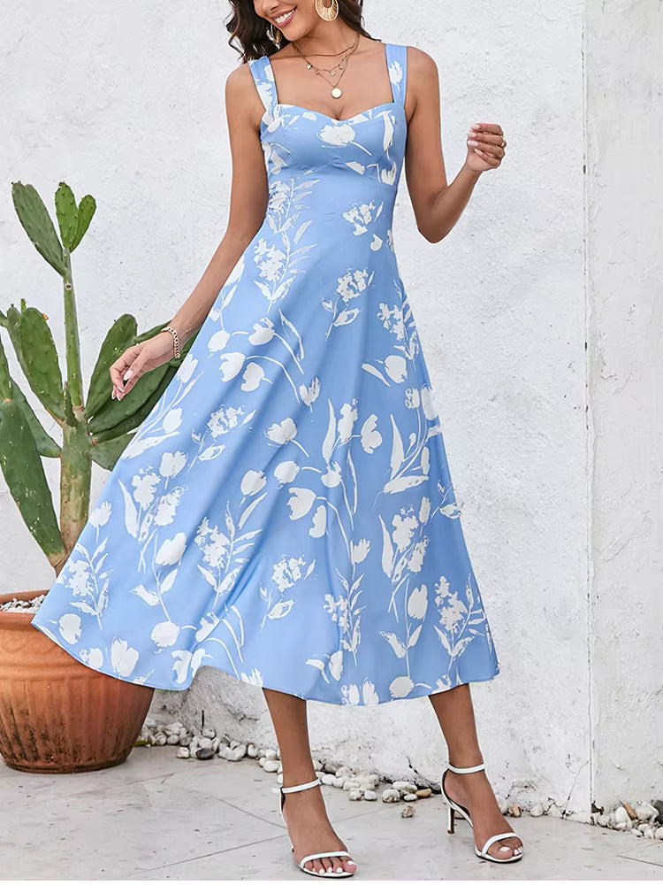 Casual Spaghetti Strap Double Layer Print Sleeveless V-neck Midi Dress