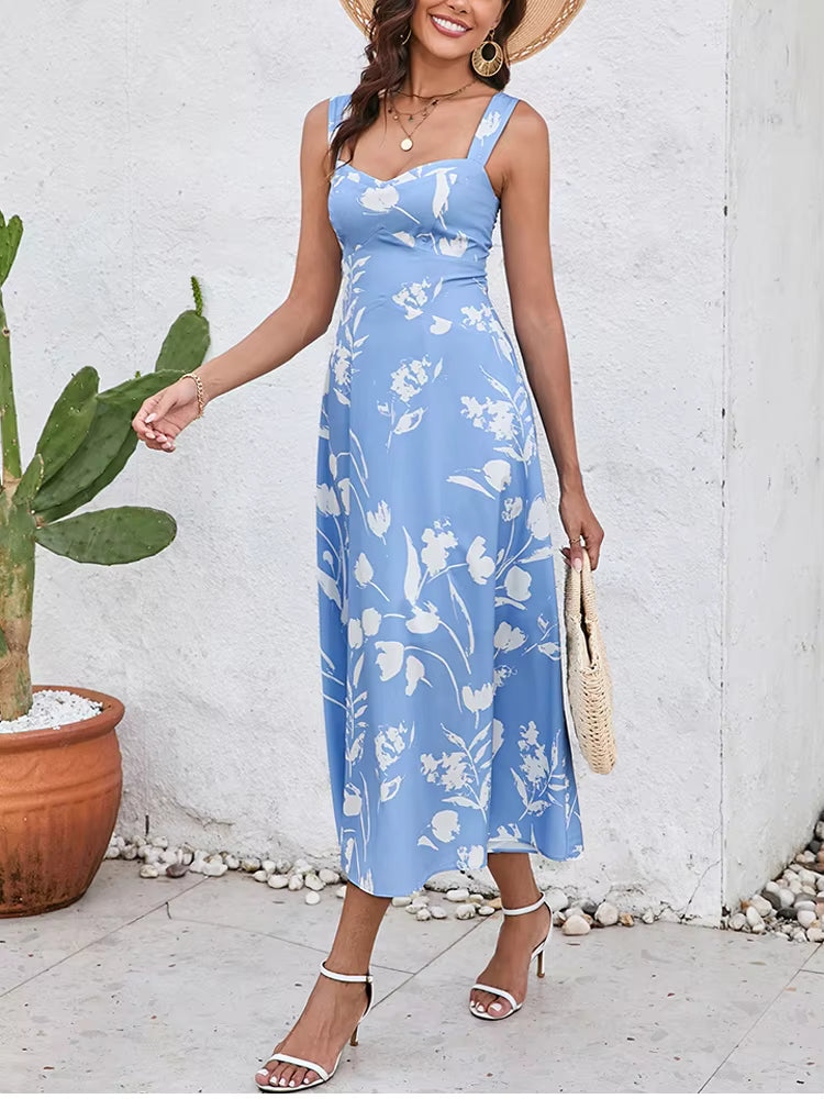 Casual Spaghetti Strap Double Layer Print Sleeveless V-neck Midi Dress