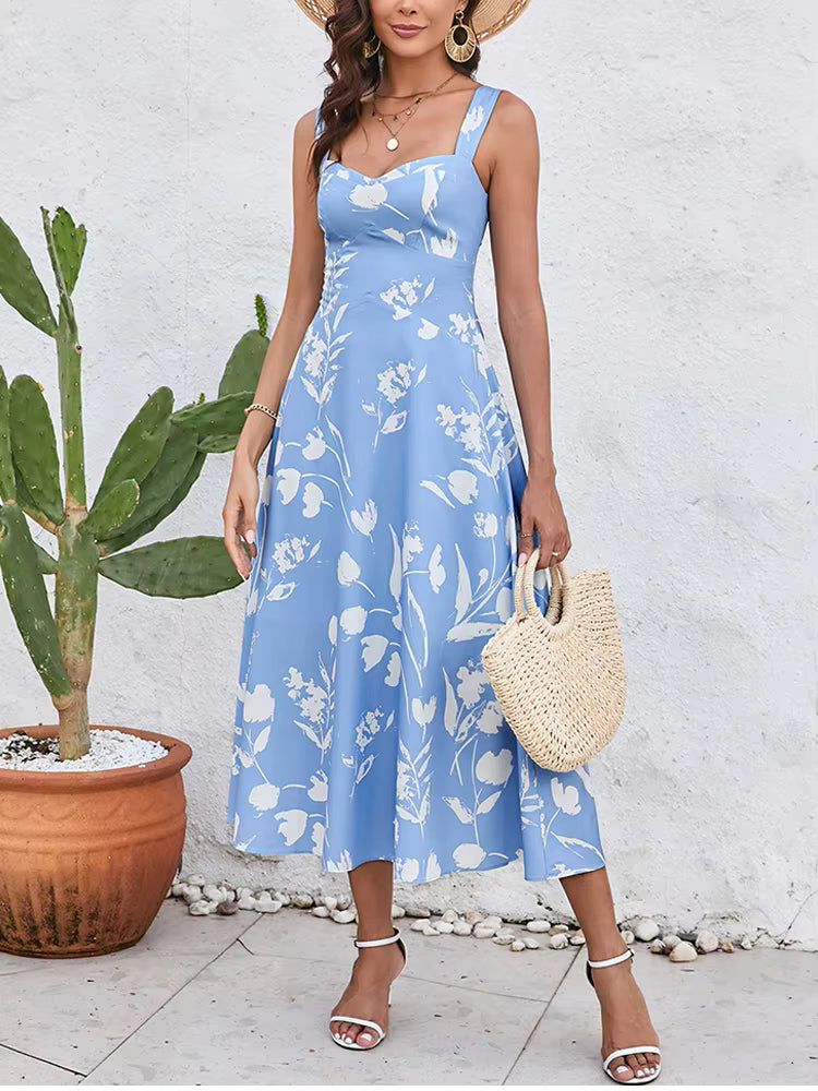Casual Spaghetti Strap Double Layer Print Sleeveless V-neck Midi Dress