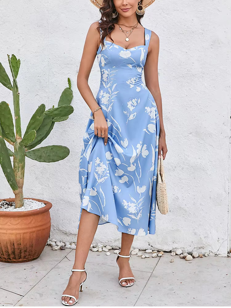 Casual Spaghetti Strap Double Layer Print Sleeveless V-neck Midi Dress