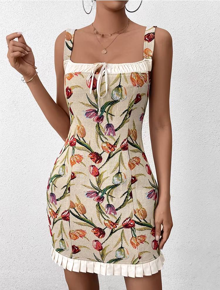 Casual Spaghetti Strap Double Layer Sleeveless Tie Up Jacquard Slip Mini Dress