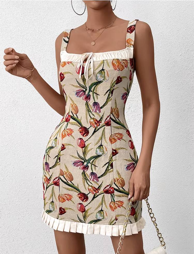 Casual Spaghetti Strap Double Layer Sleeveless Tie Up Jacquard Slip Mini Dress