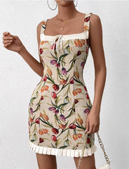 Casual Spaghetti Strap Double Layer Sleeveless Tie Up Jacquard Slip Mini Dress