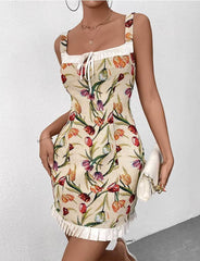 Casual Spaghetti Strap Double Layer Sleeveless Tie Up Jacquard Slip Mini Dress
