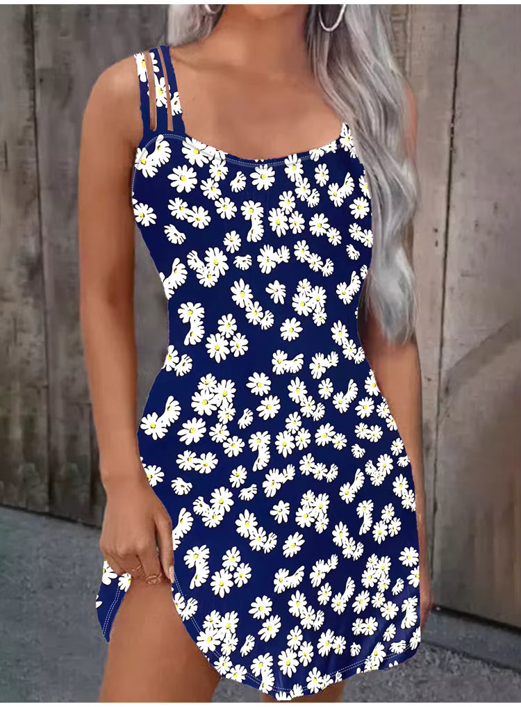 Casual Spaghetti Strap Floral Print Camisole O-Neck Sleeveless Mini Dress