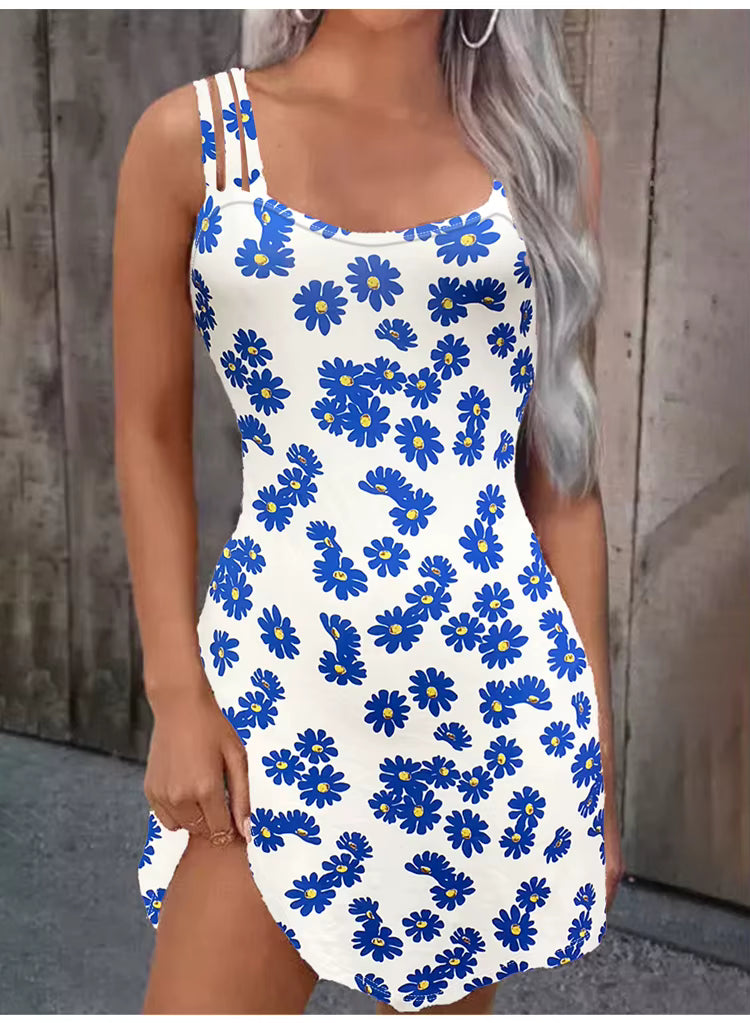 Casual Spaghetti Strap Floral Print Camisole O-Neck Sleeveless Mini Dress