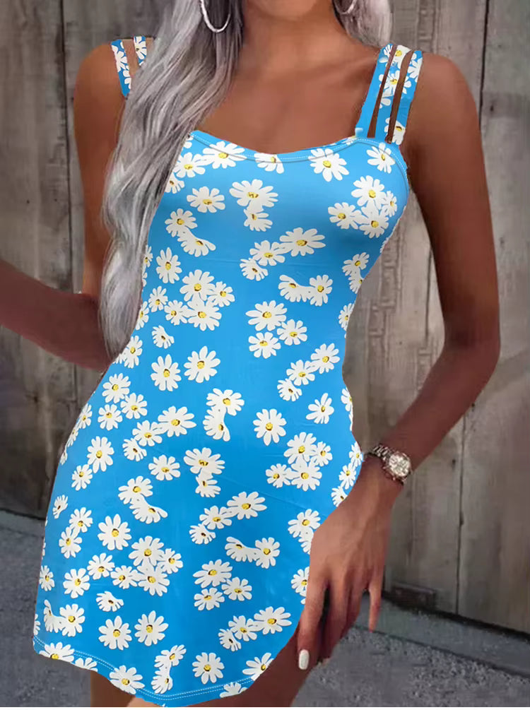 Casual Spaghetti Strap Floral Print Camisole O-Neck Sleeveless Mini Dress