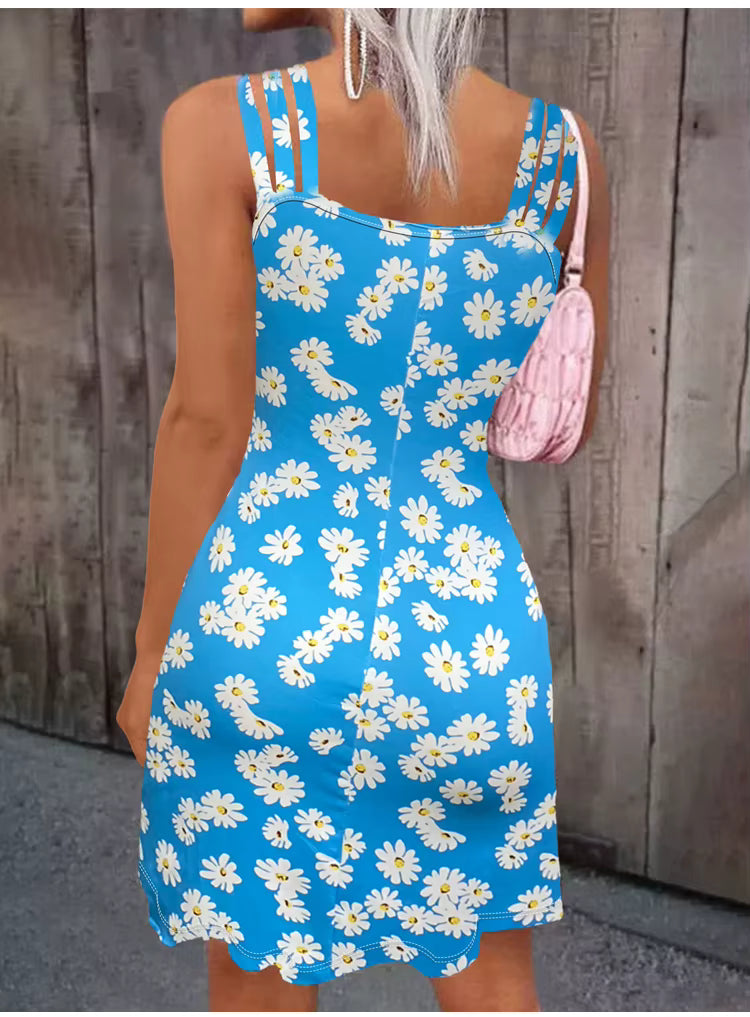 Casual Spaghetti Strap Floral Print Camisole O-Neck Sleeveless Mini Dress