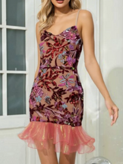 Casual Spaghetti Strap Floral Sequin Patchwork Ruffles Sleeveless Backless Embroidery Mini Dress