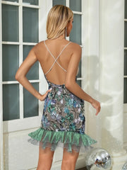 Casual Spaghetti Strap Floral Sequin Patchwork Ruffles Sleeveless Backless Embroidery Mini Dress