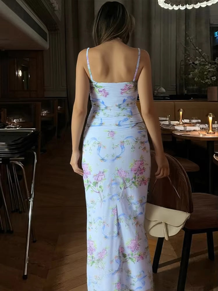 Casual Spaghetti Strap Printed Backless Sleeveless Side Slit Maxi Dress