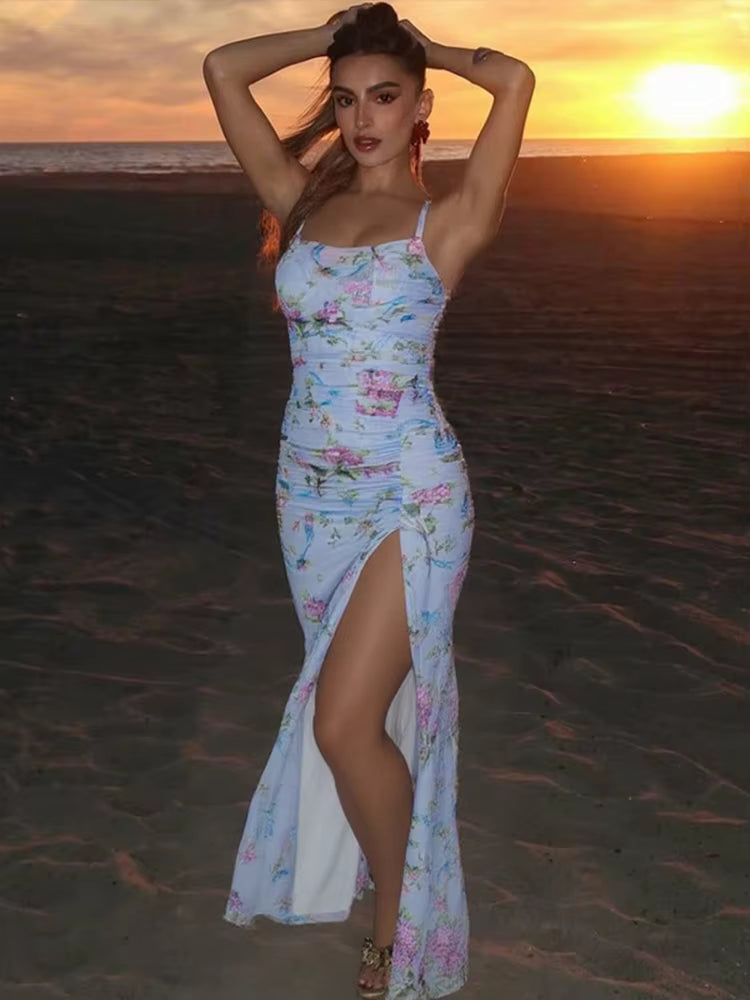 Casual Spaghetti Strap Printed Backless Sleeveless Side Slit Maxi Dress